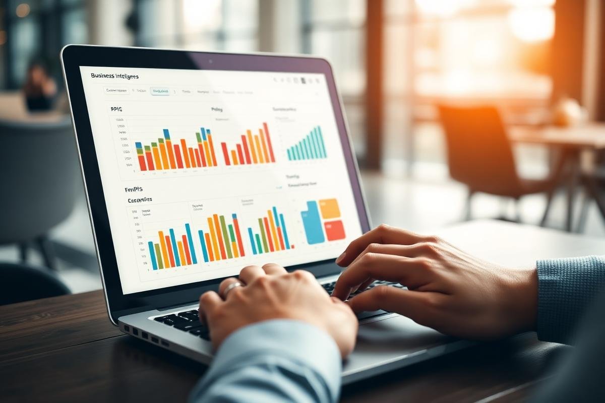 Hands working on a business intelligence dashboard
