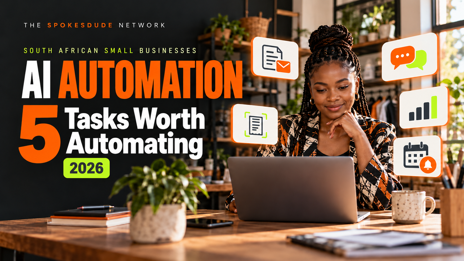 South African small-business owner using a laptop beside five task icons, with orange and lime text reading “AI Automation: 5 Tasks Worth Automating, 2026”.