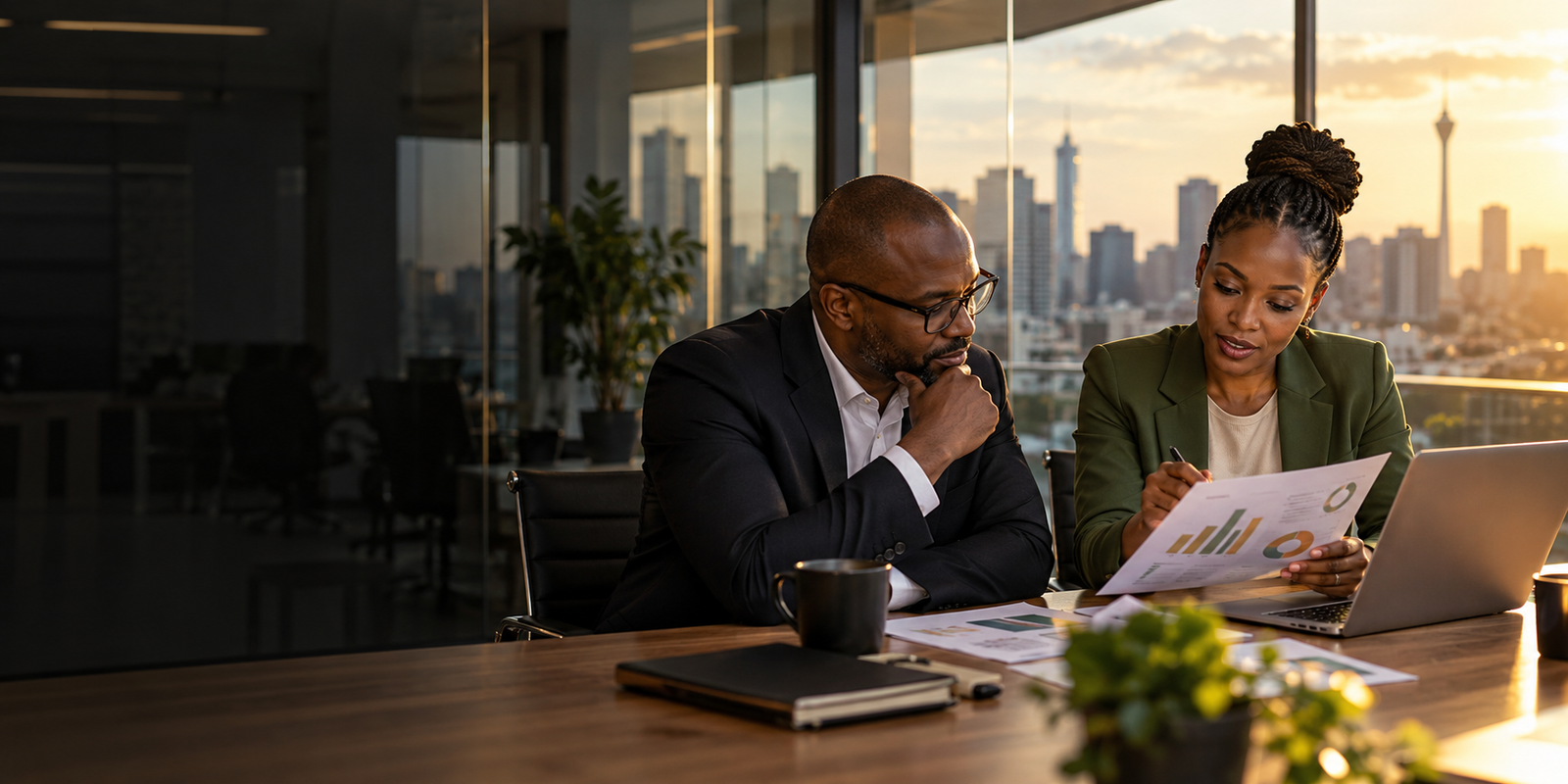 Business professionals reviewing information together in a modern office
