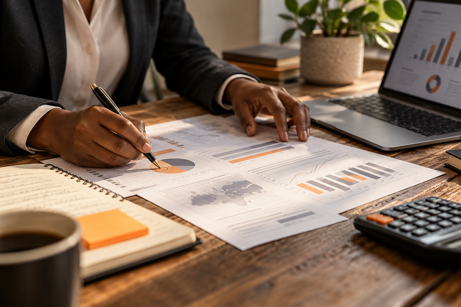 A professional reviewing notes and information at a desk