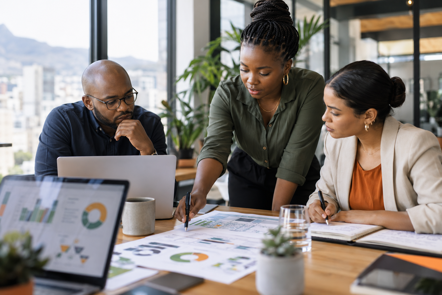 A diverse team collaborating around business information